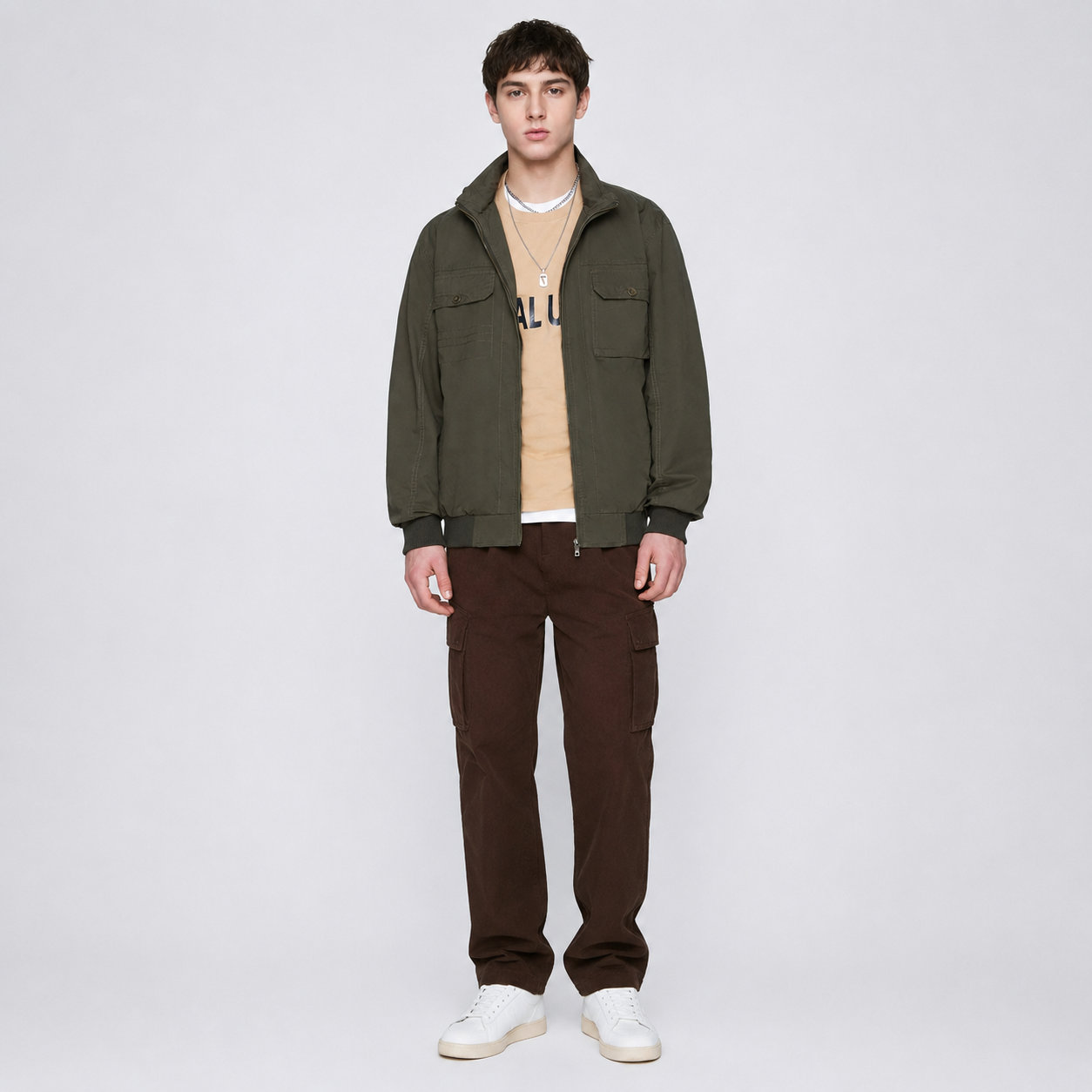 Utility-inspired jacket with multiple front pockets