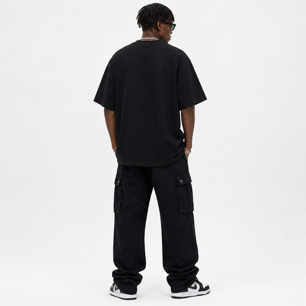 Back view of a men's oversized black t-shirt