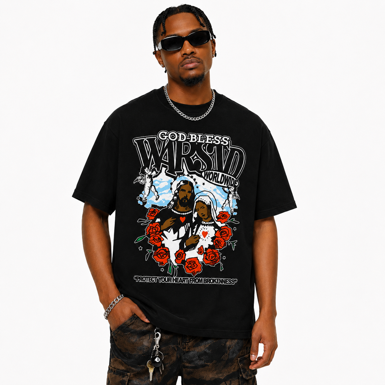 Black graphic t-shirt for men with printed artwork