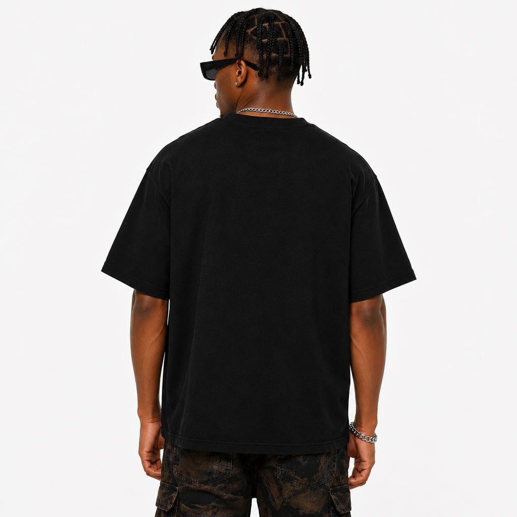 Back view of a men's oversized vintage wash t-shirt