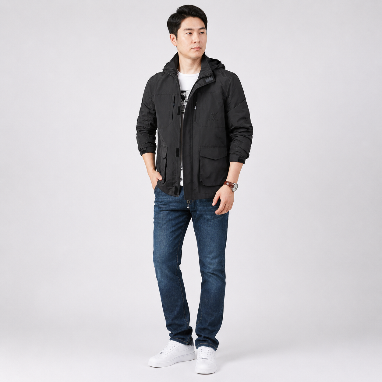 Front view of a men's lightweight jacket with hood