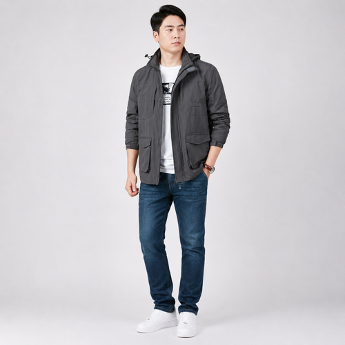 Man wearing a lightweight hooded jacket in gray