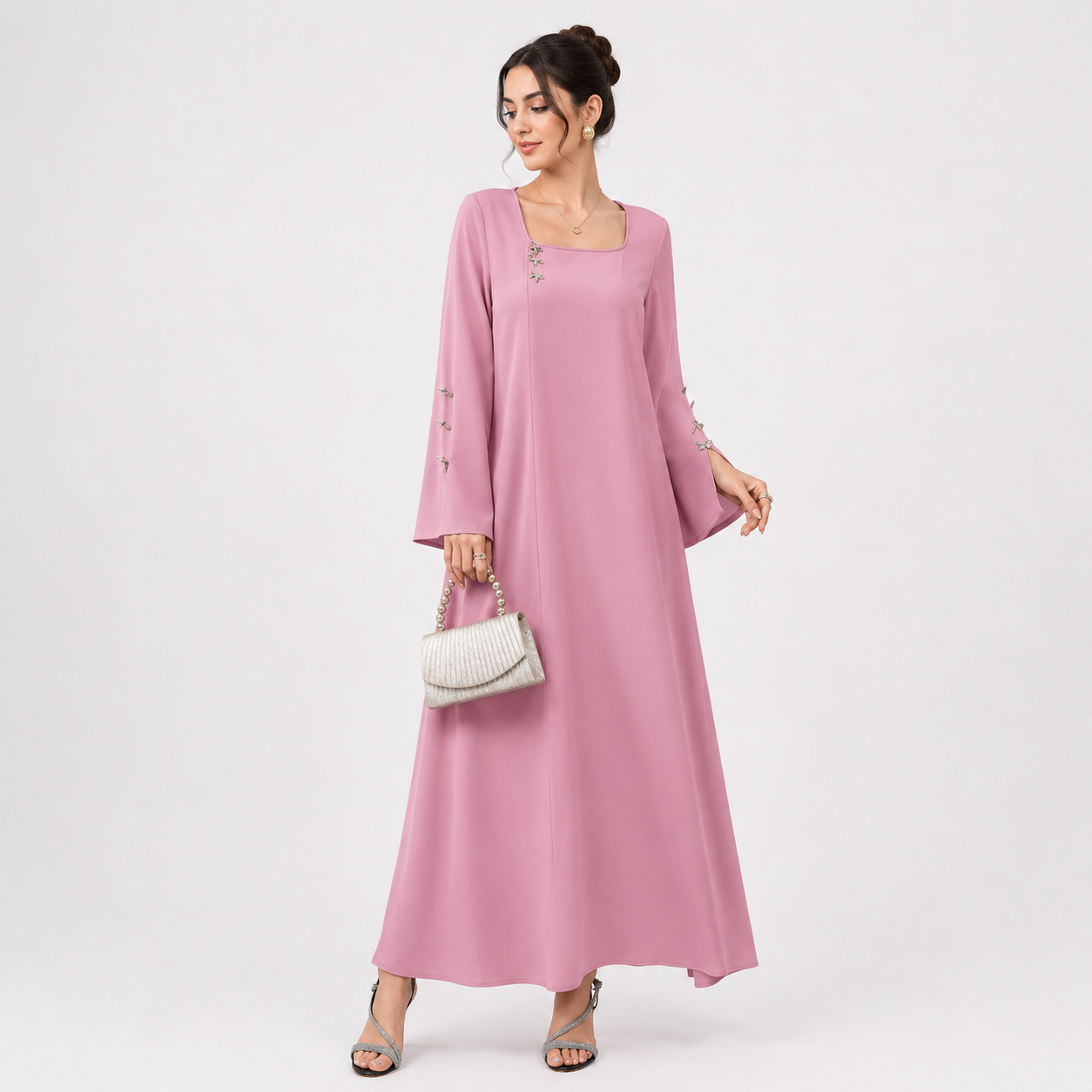 Women's square neck maxi dress in dusty pink