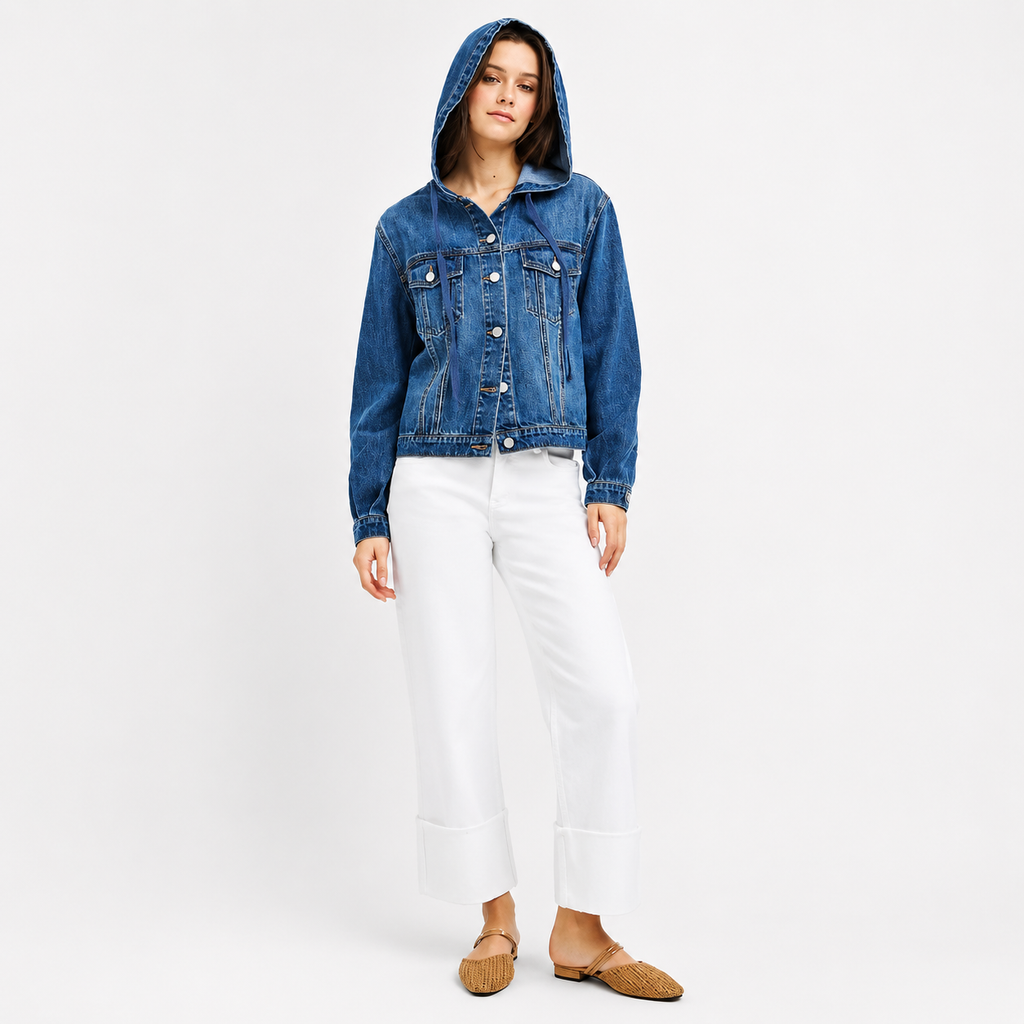 Woman wearing a blue denim jacket with attached hood