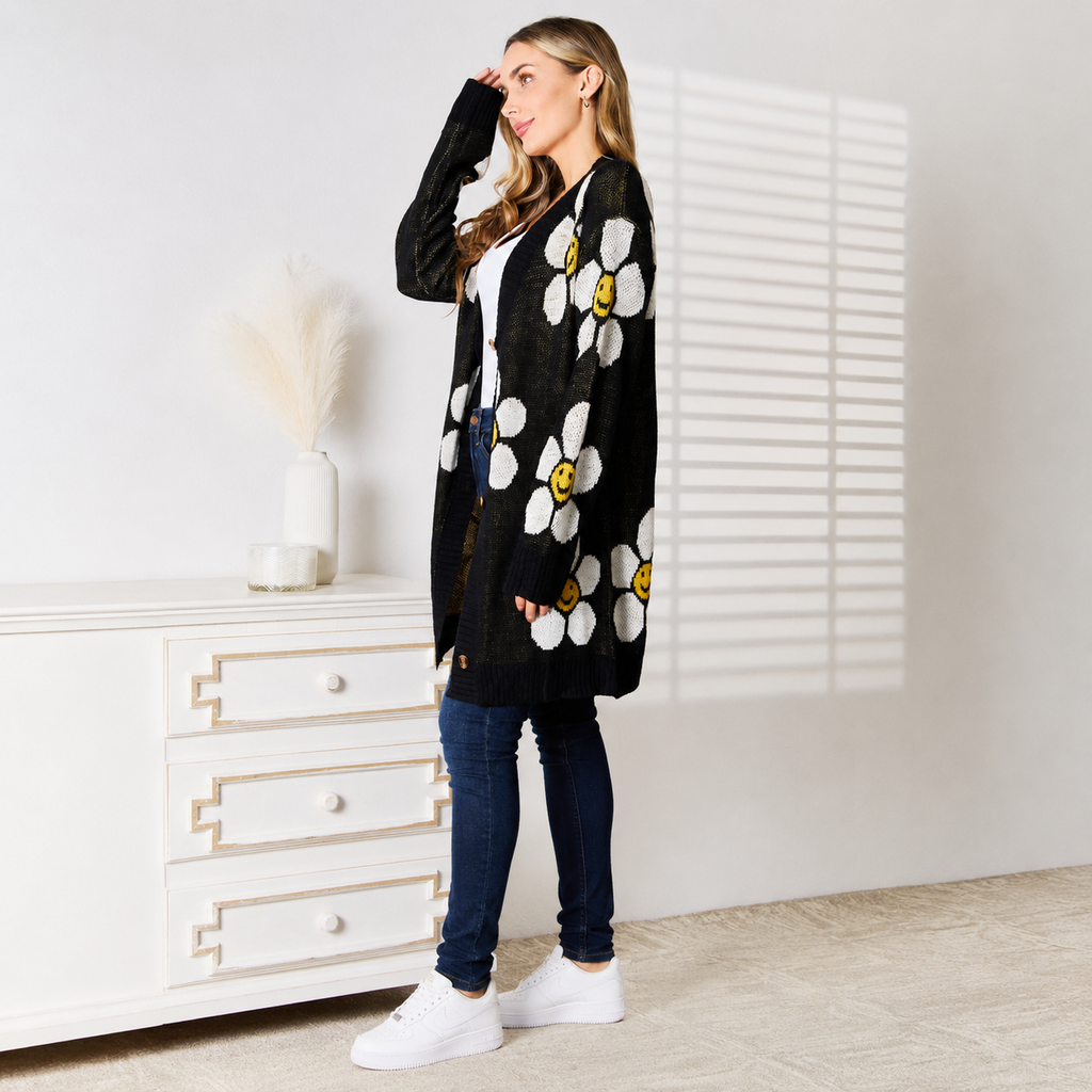 Women's longline floral cardigan styled with jeans