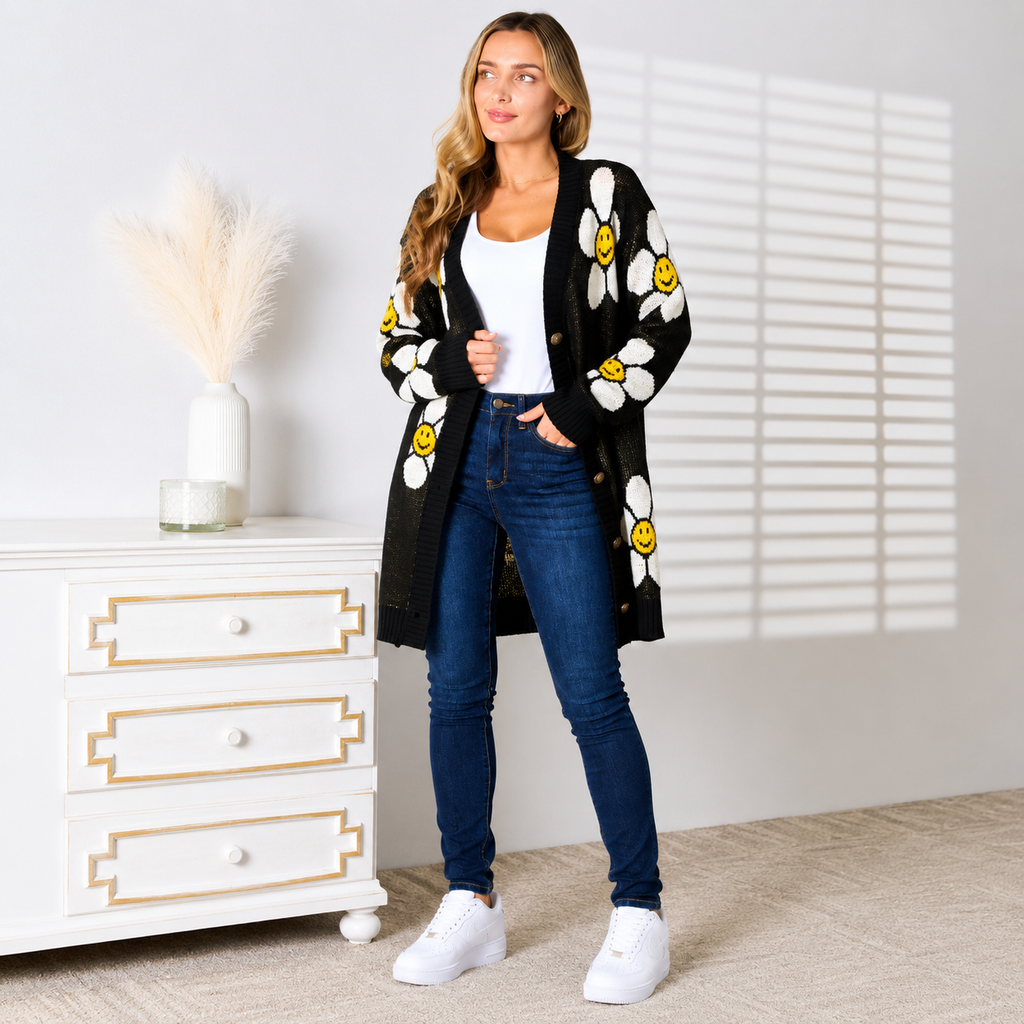 Women's black cardigan with all-over daisy print