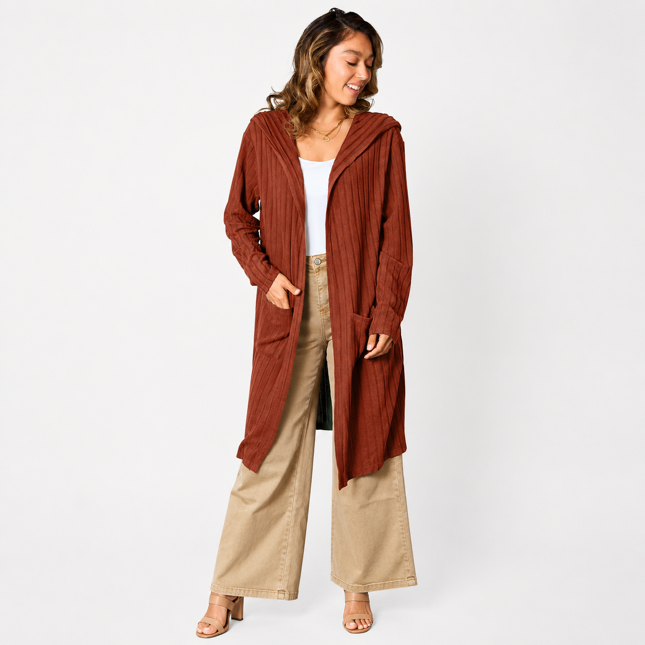 Women's rust hooded cardigan sweater