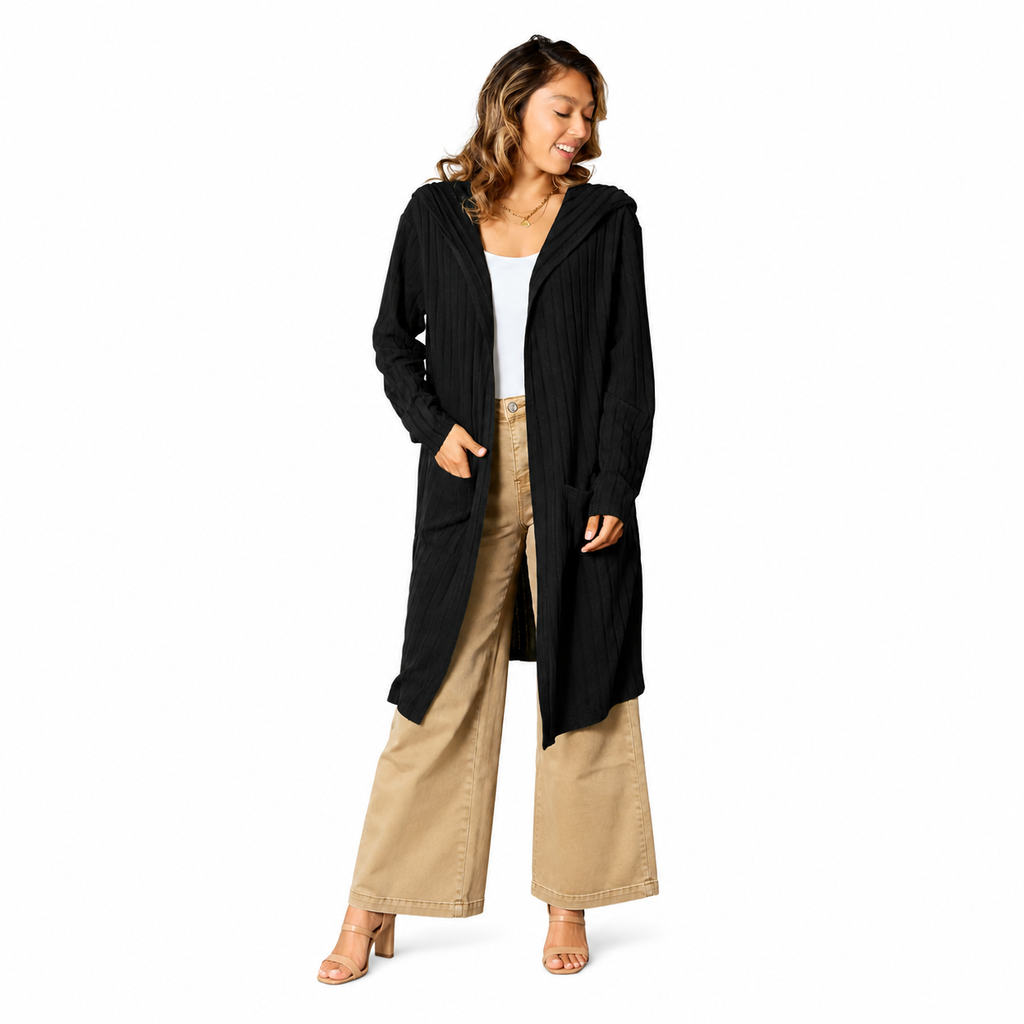 Women's black hooded sweater cardigan with long sleeves