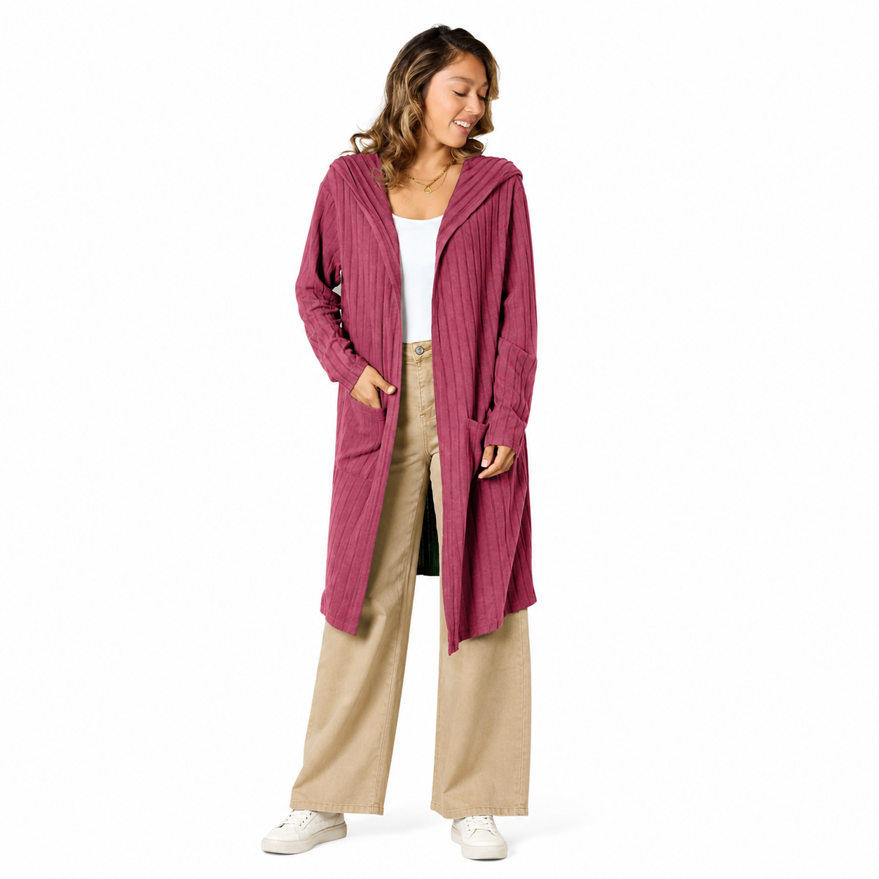 Women's berry pink hooded cardigan sweater