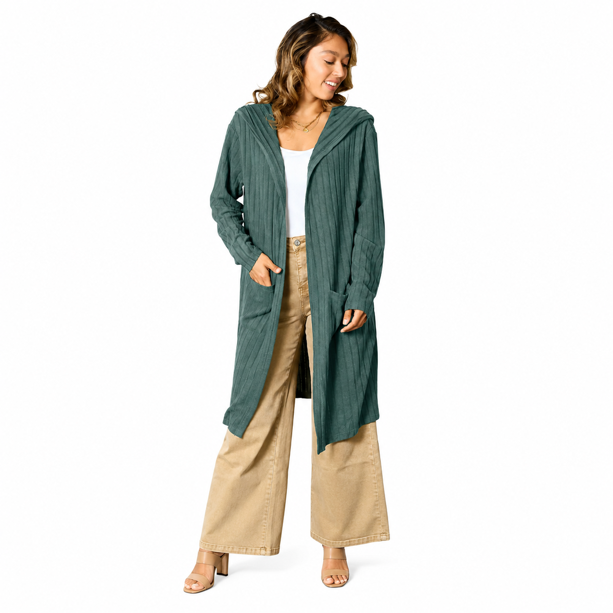 Women's green hooded sweater cardigan with relaxed fit