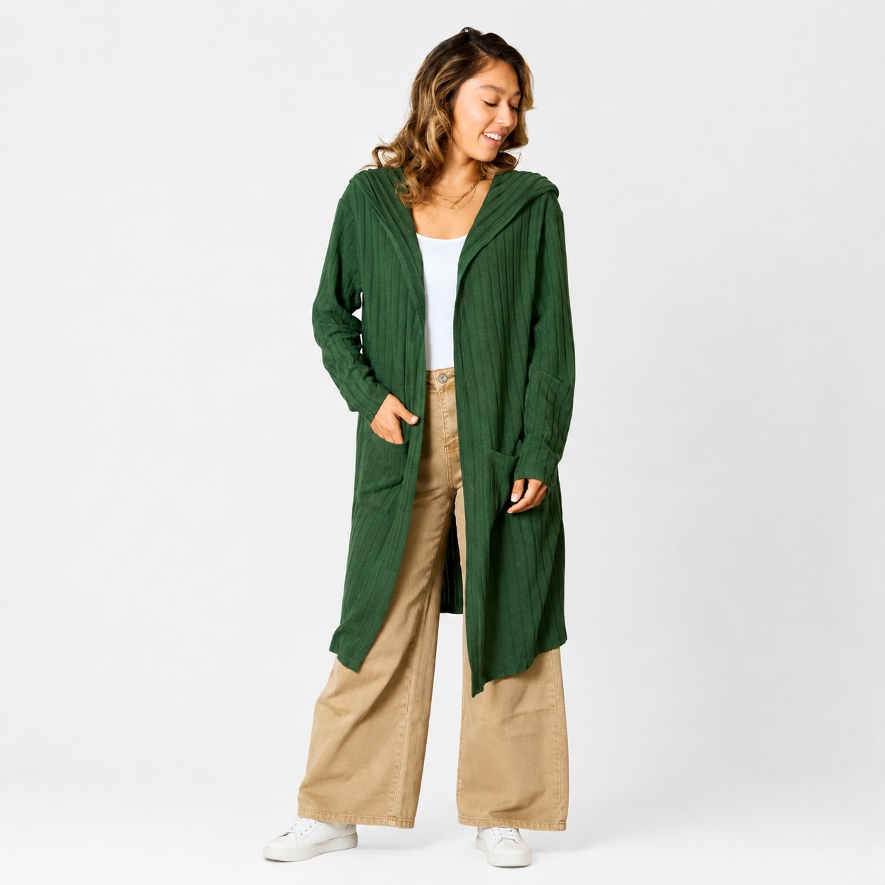 Women's green hooded sweater cardigan with relaxed fit