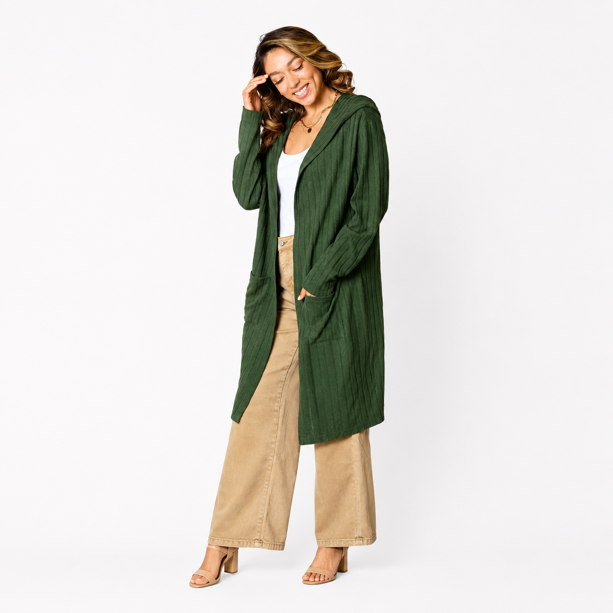Long green hooded cardigan for women