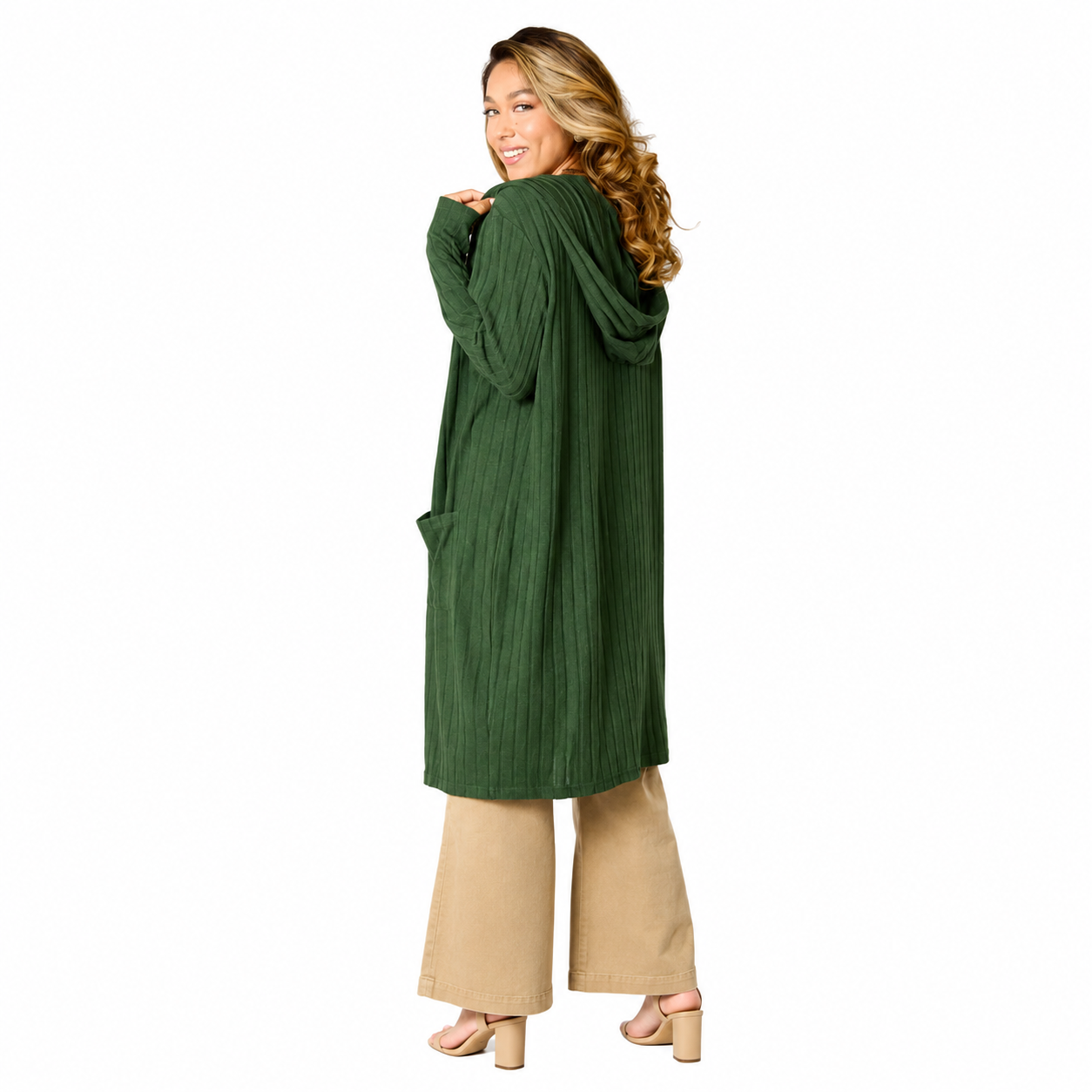 Women's long open-front cardigan with hood