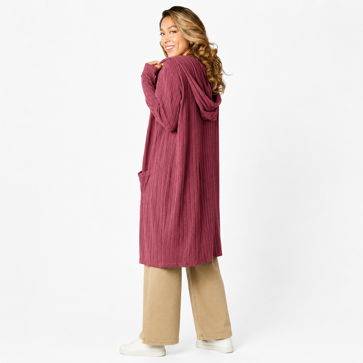 Women's teal hooded sweater cardigan with relaxed fit
