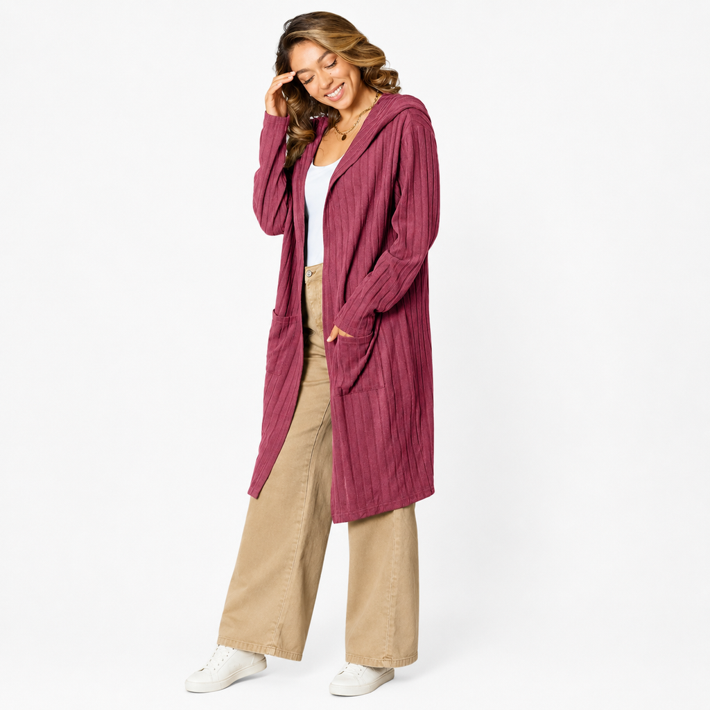 Full-length view of a women's hooded cardigan outfit