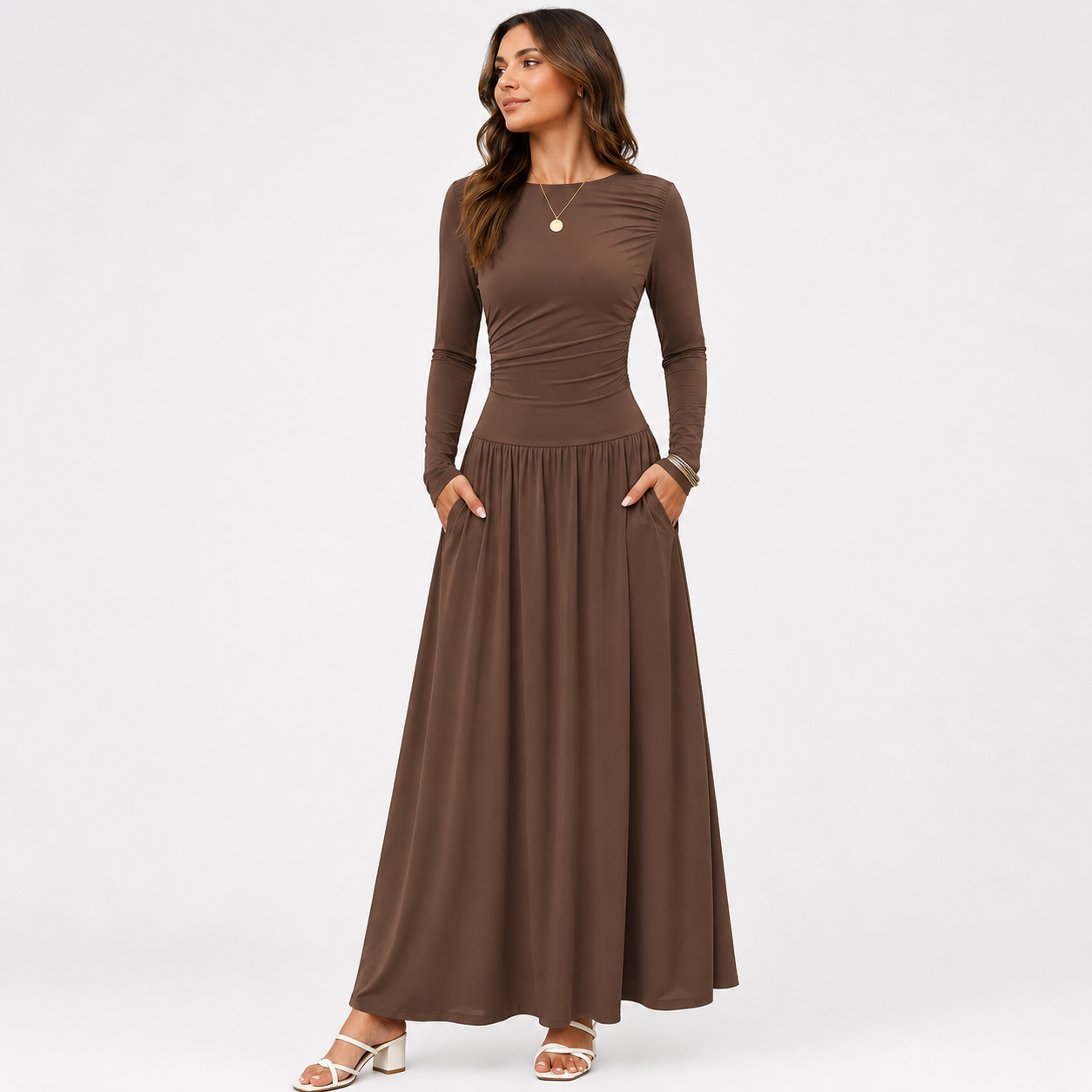 Flowy maxi dress for women with long sleeves