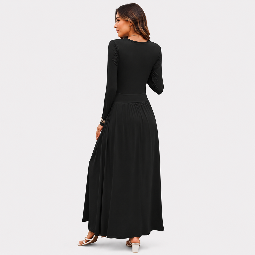 Back view of a women's casual maxi dress