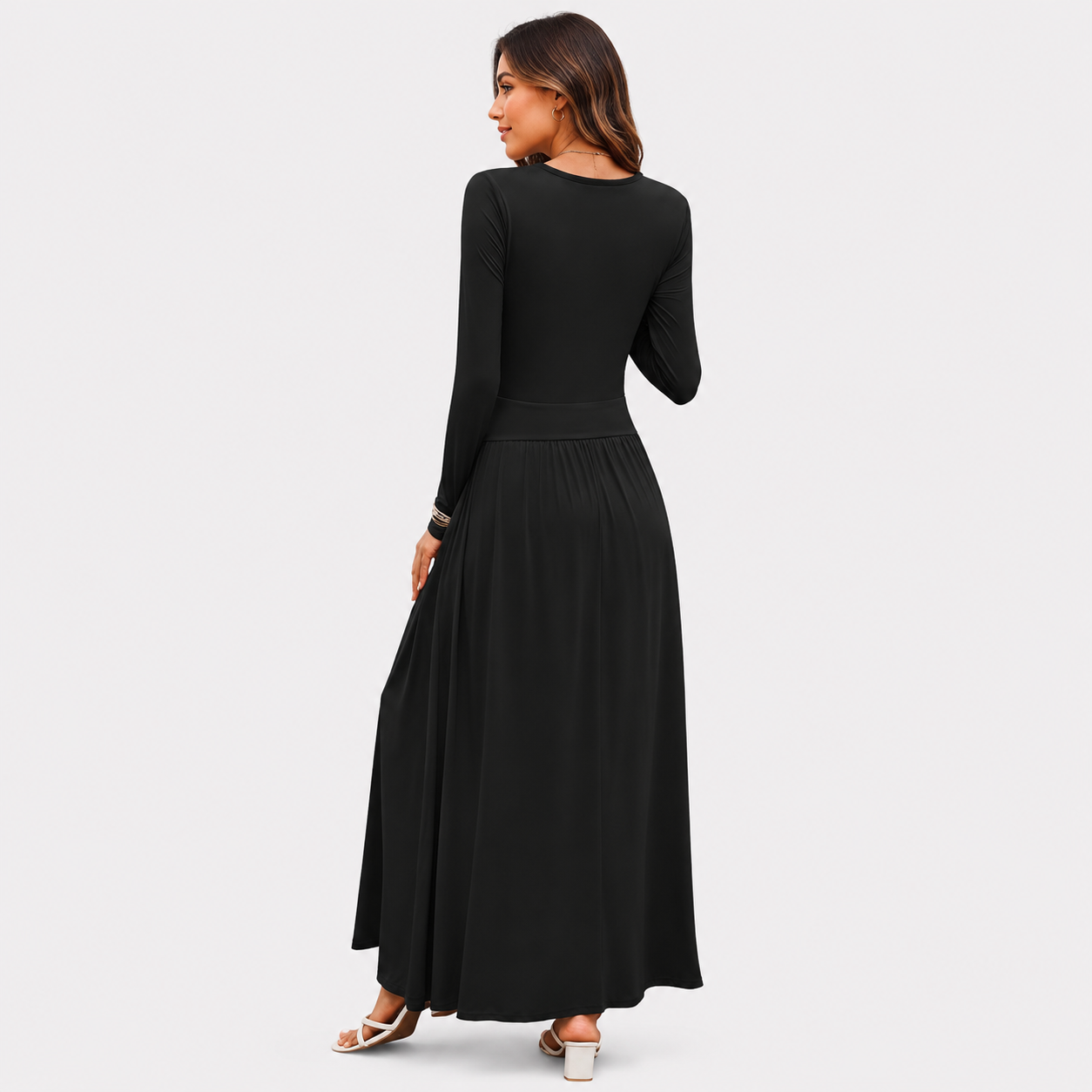 Back view of a women's casual maxi dress