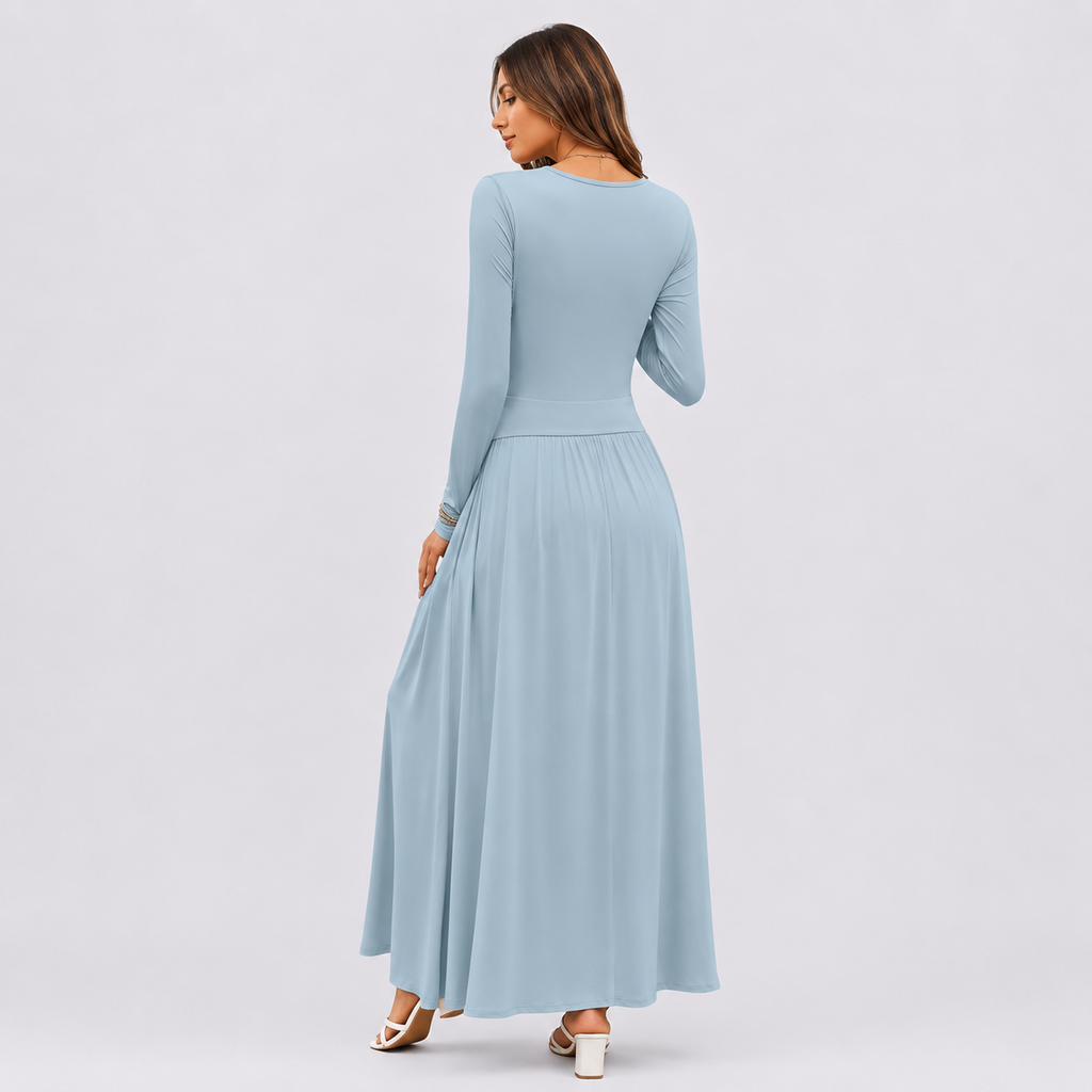 Back view of a women's casual maxi dress