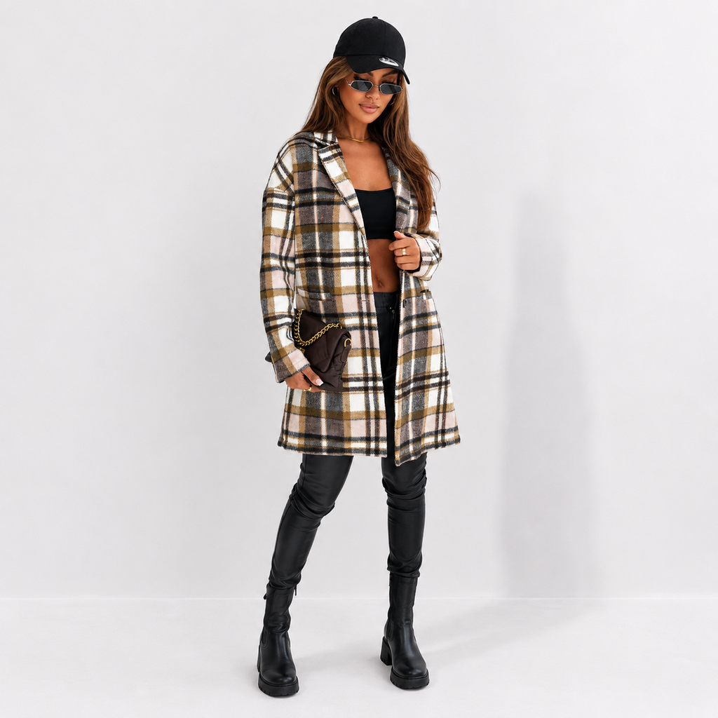 Front view of women's plaid longline jacket with pockets