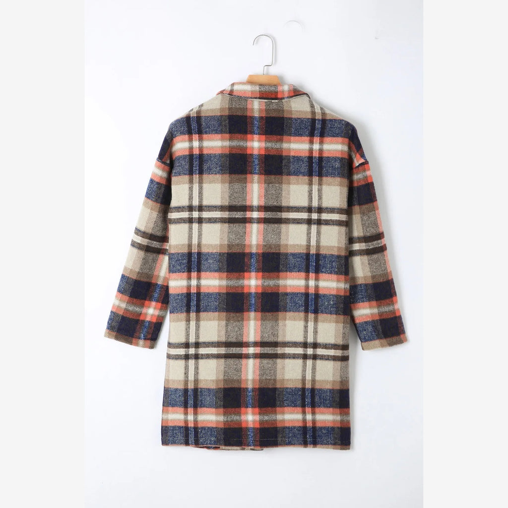 Back view of women's plaid longline jacket