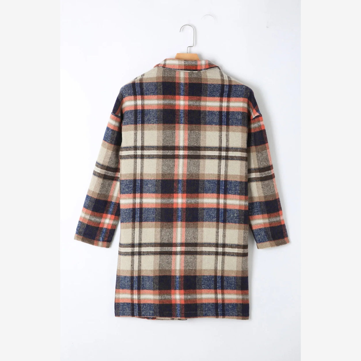 Back view of women's plaid longline jacket