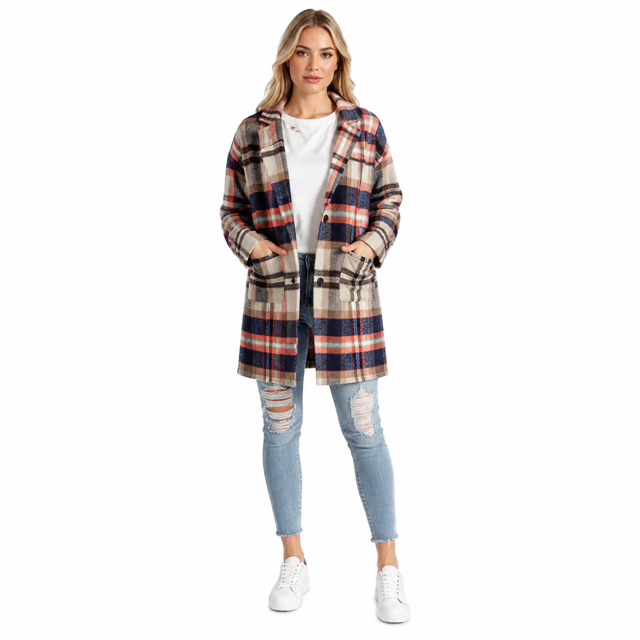 Women's plaid coat jacket styled with black boots