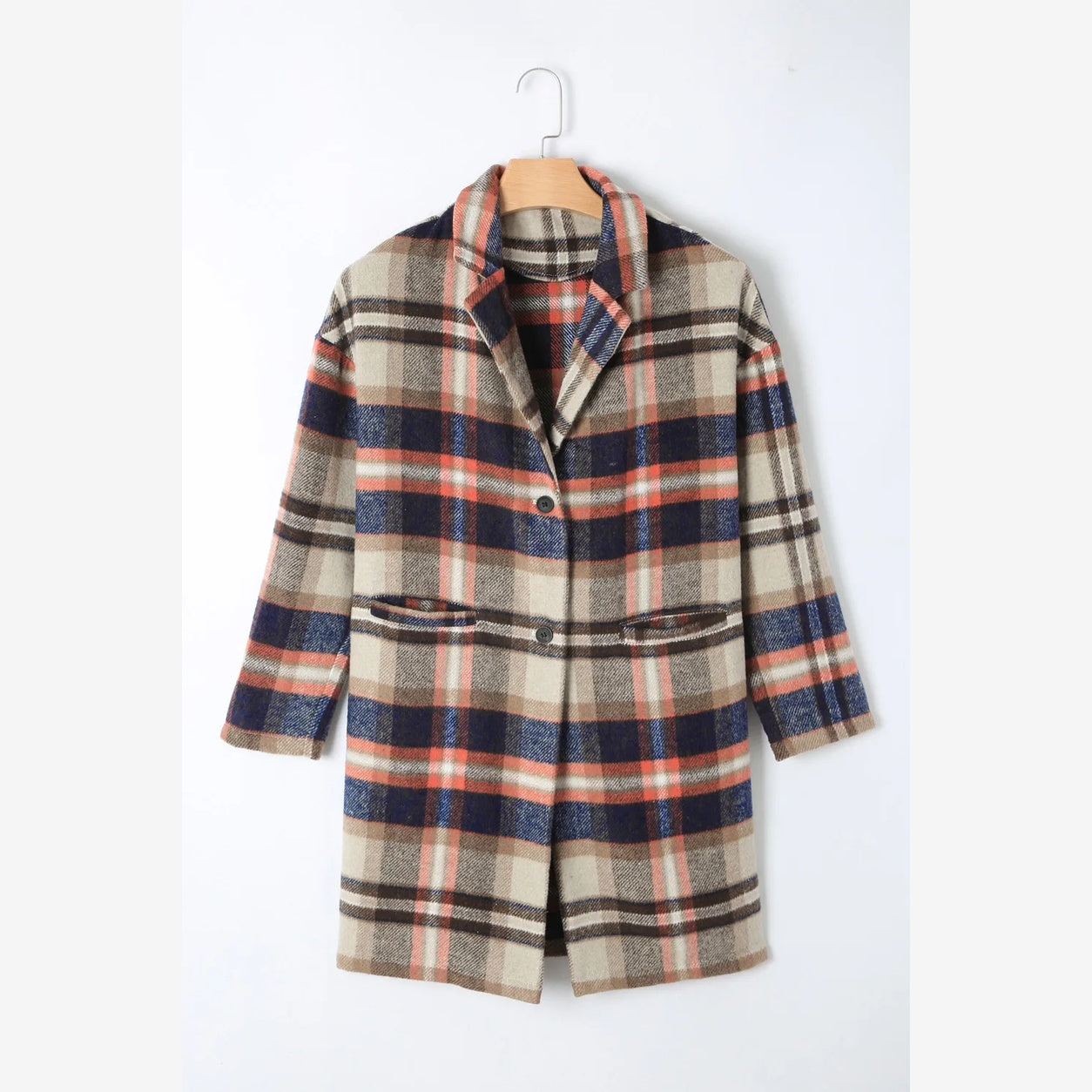 Front view of a women's plaid longline jacket