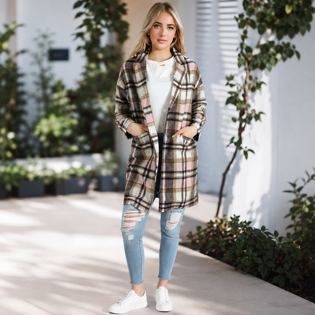 Casual plaid jacket paired with tall boots