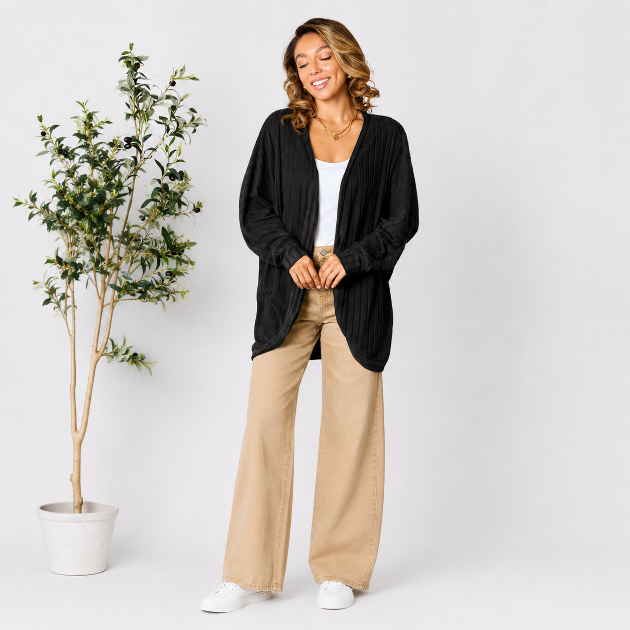 Soft ribbed knit cardigan designed for everyday wear