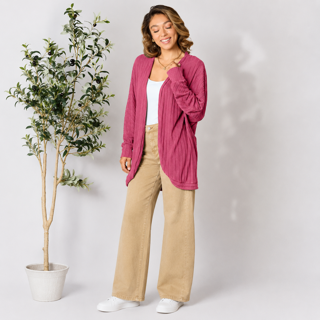 Women's long sleeve cardigan with ribbed texture