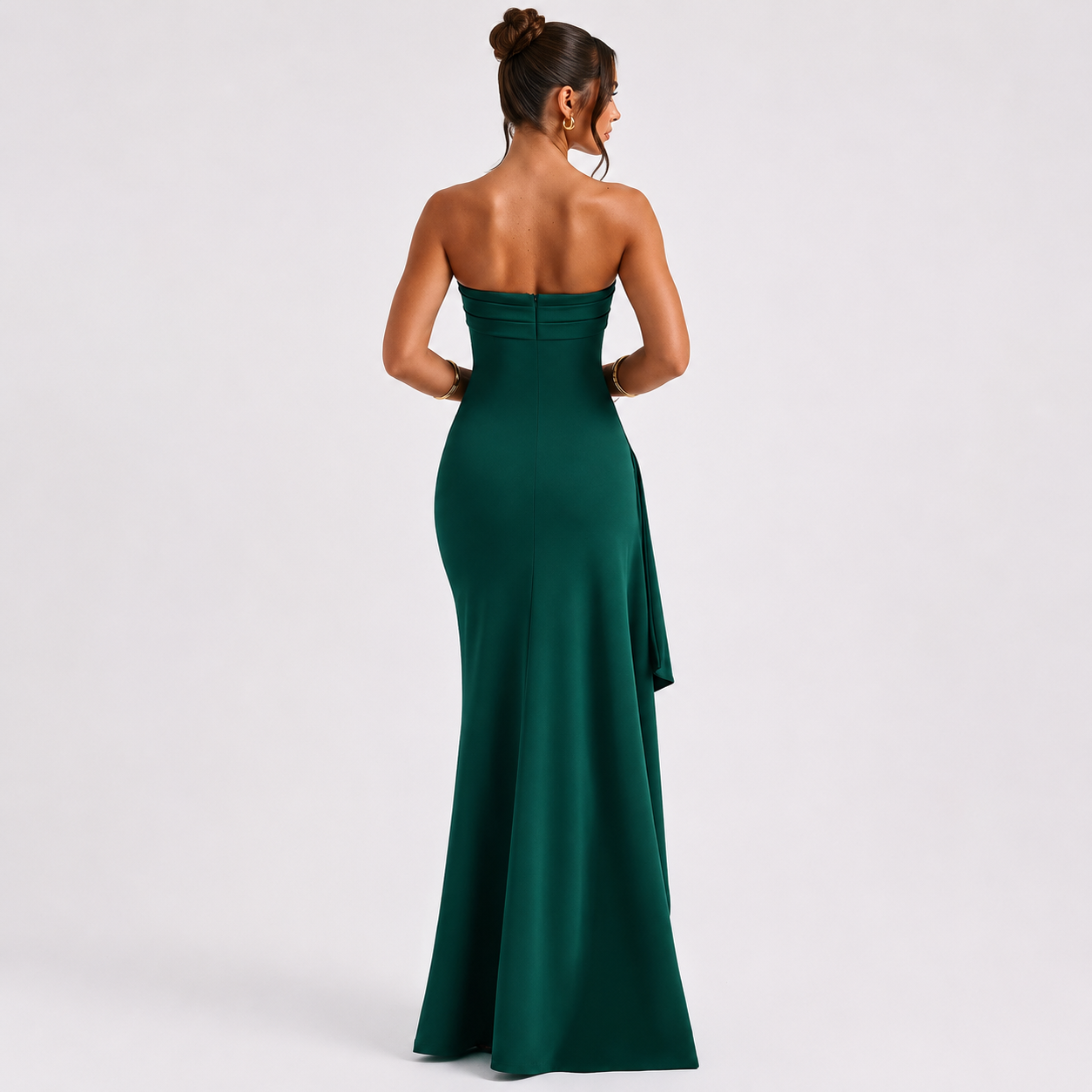 Back view of a women's strapless maxi dress