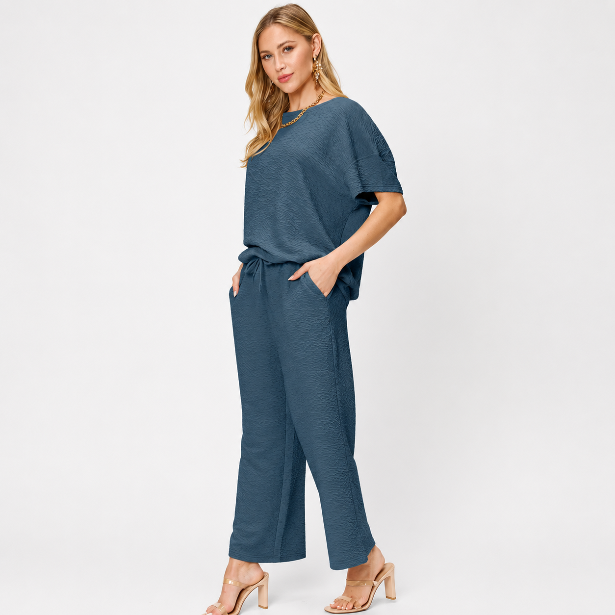 Women's textured top and pants set in beige