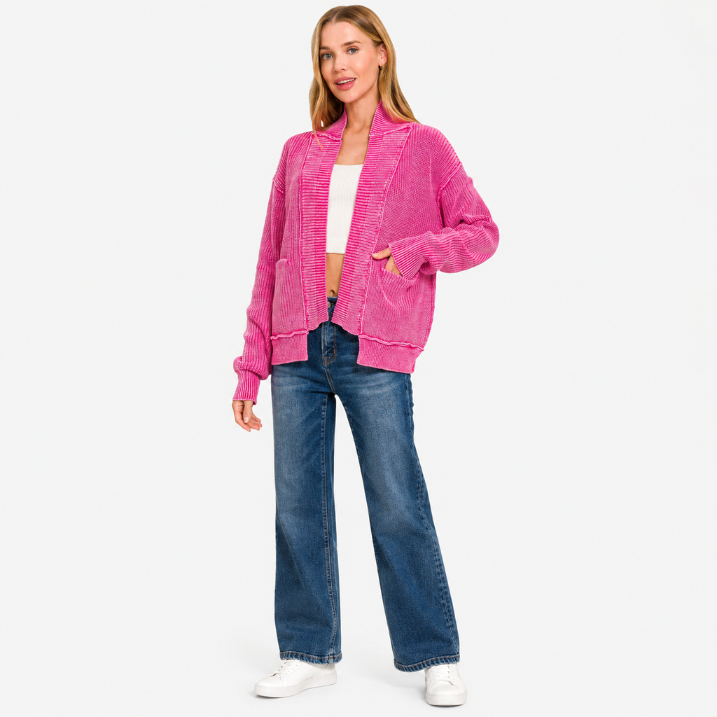 Women's pink washed button cardigan with relaxed fit
