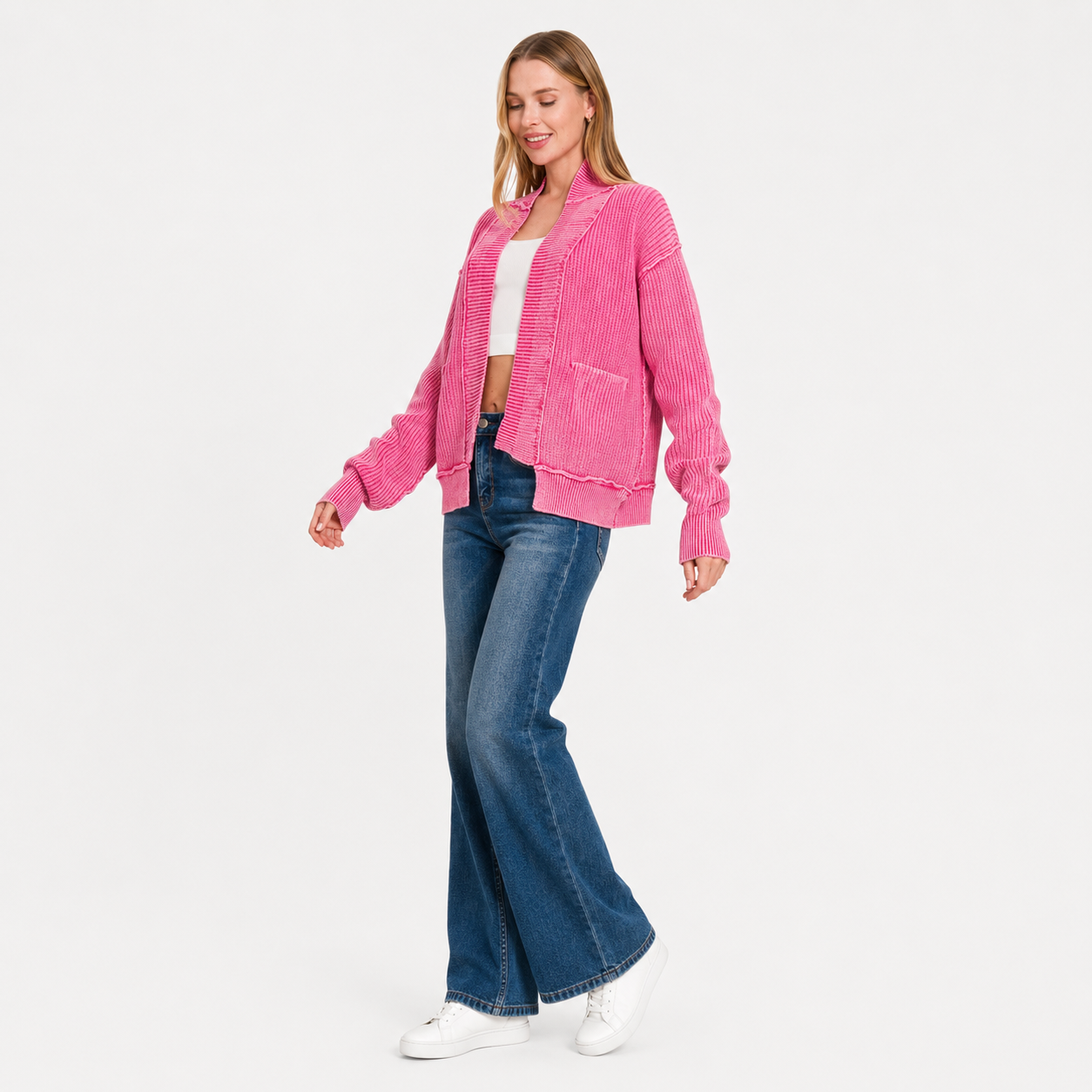 Women's fuchsia knit cardigan with front buttons
