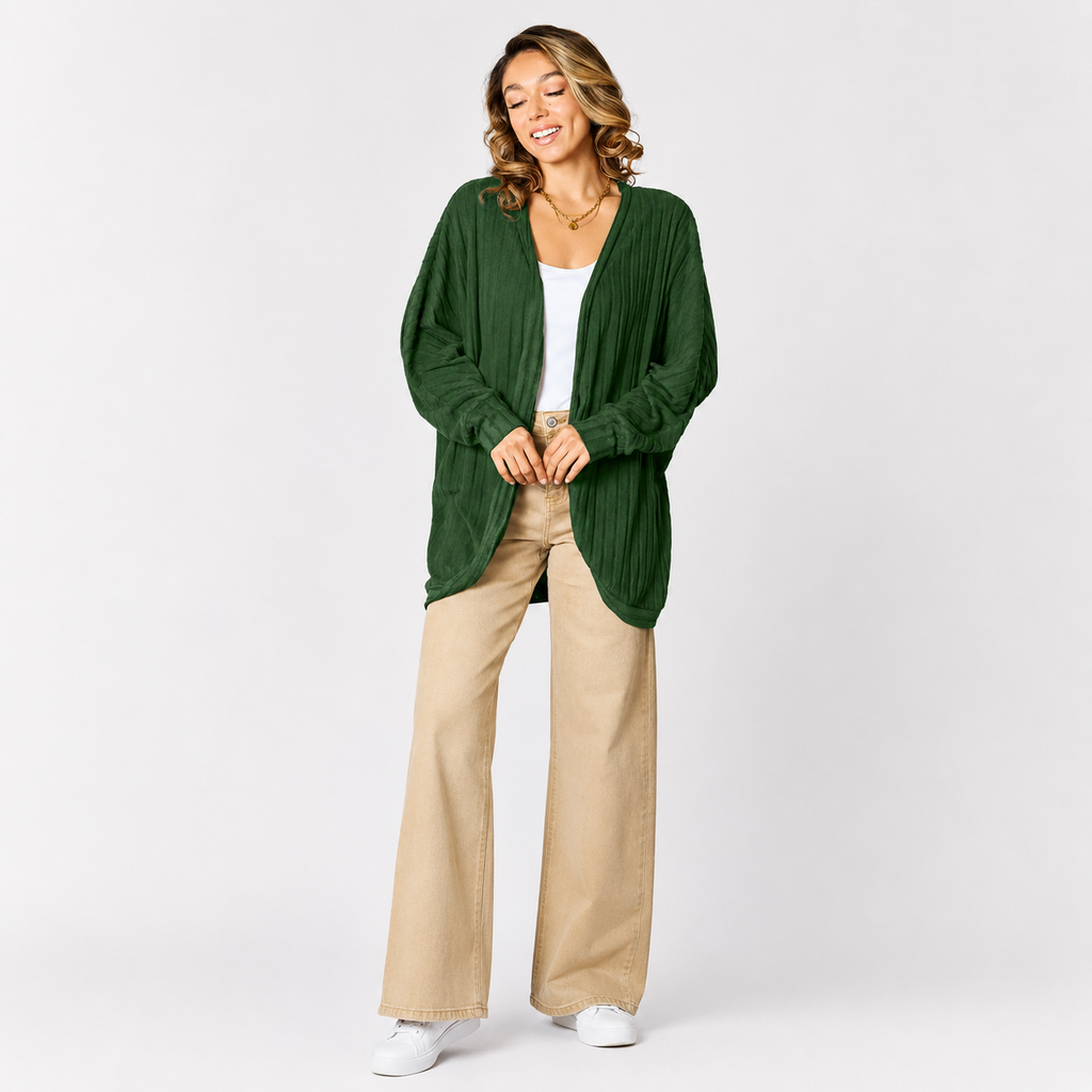Front view of a women's lightweight open-front cardigan