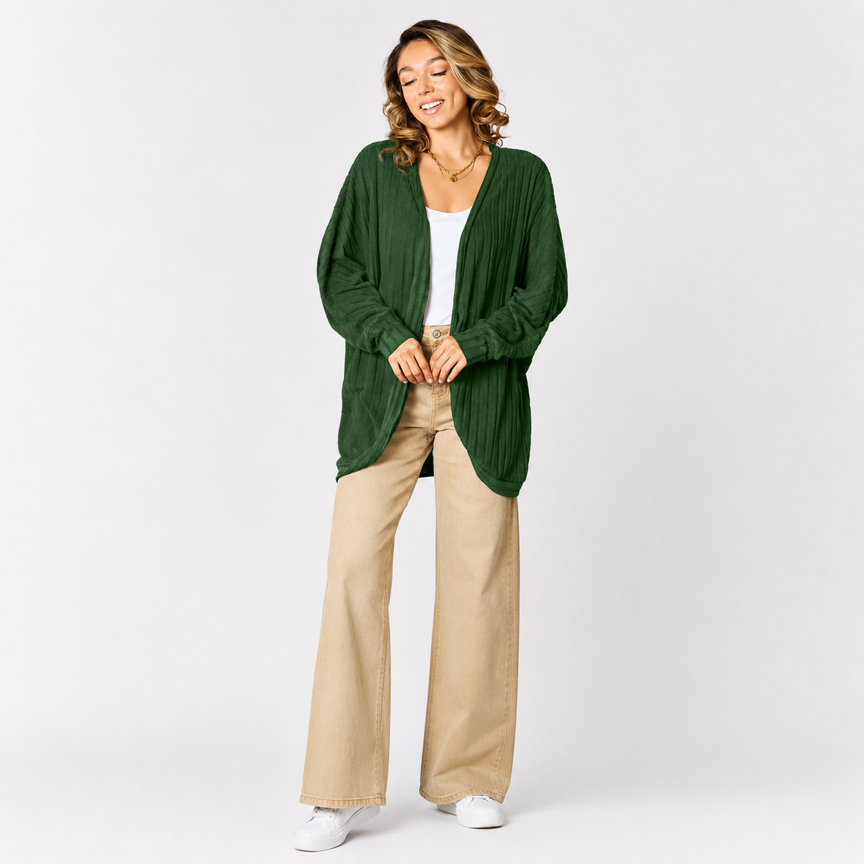 Front view of a women's lightweight open-front cardigan