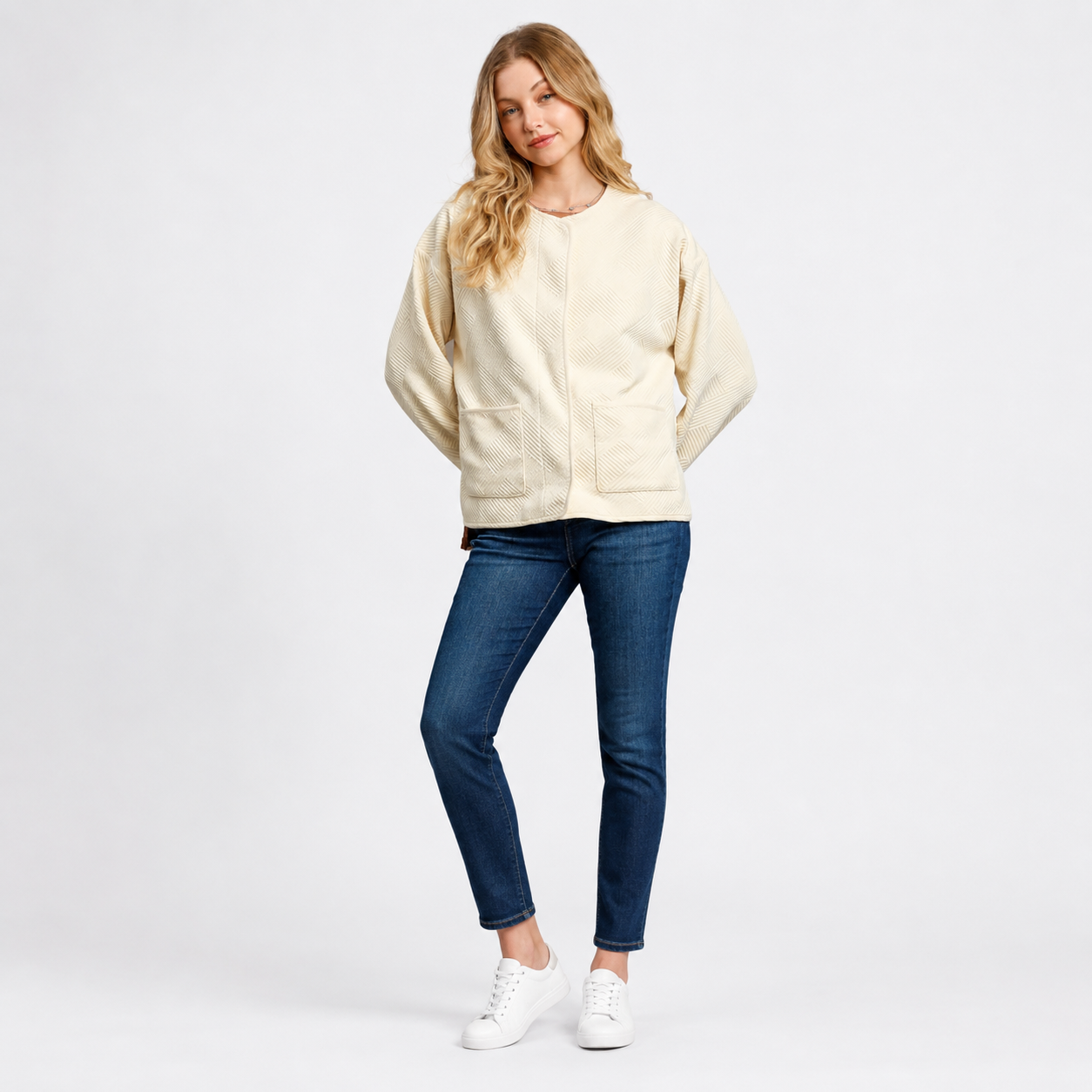 Relaxed-fit jacquard jacket paired with denim jeans