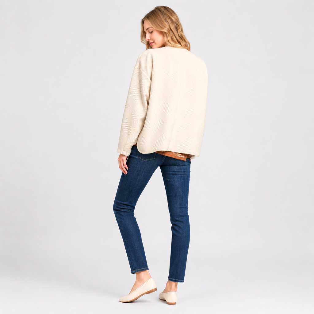 Front view of a women's textured jacquard jacket