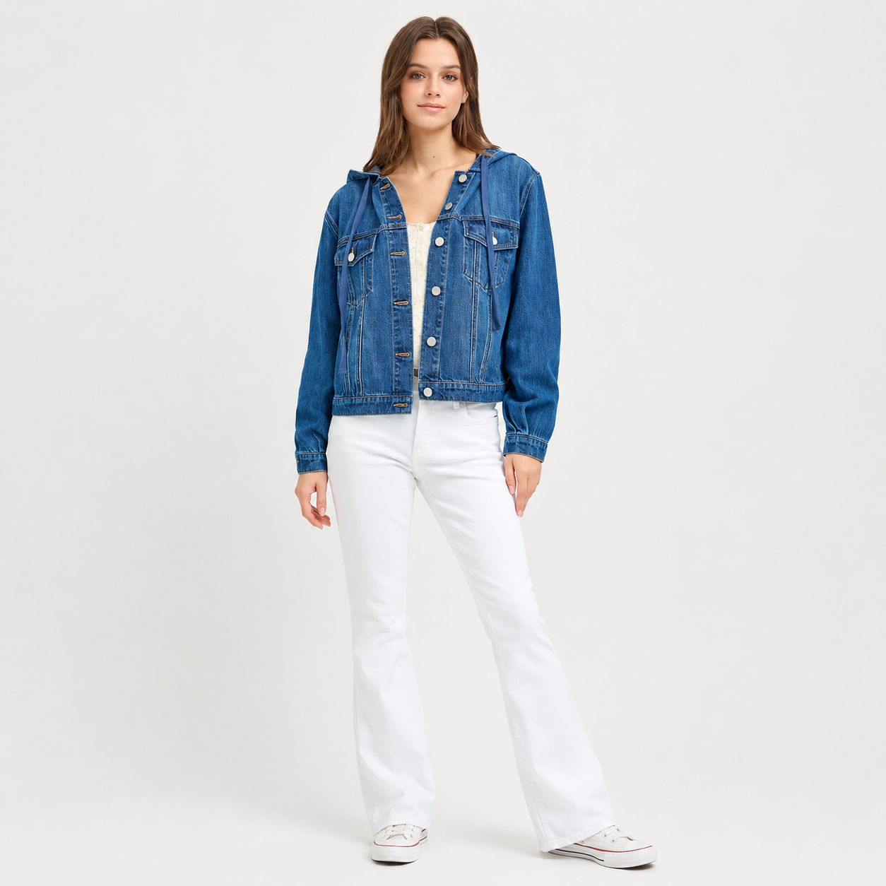 Women's casual denim hooded jacket paired with white pants