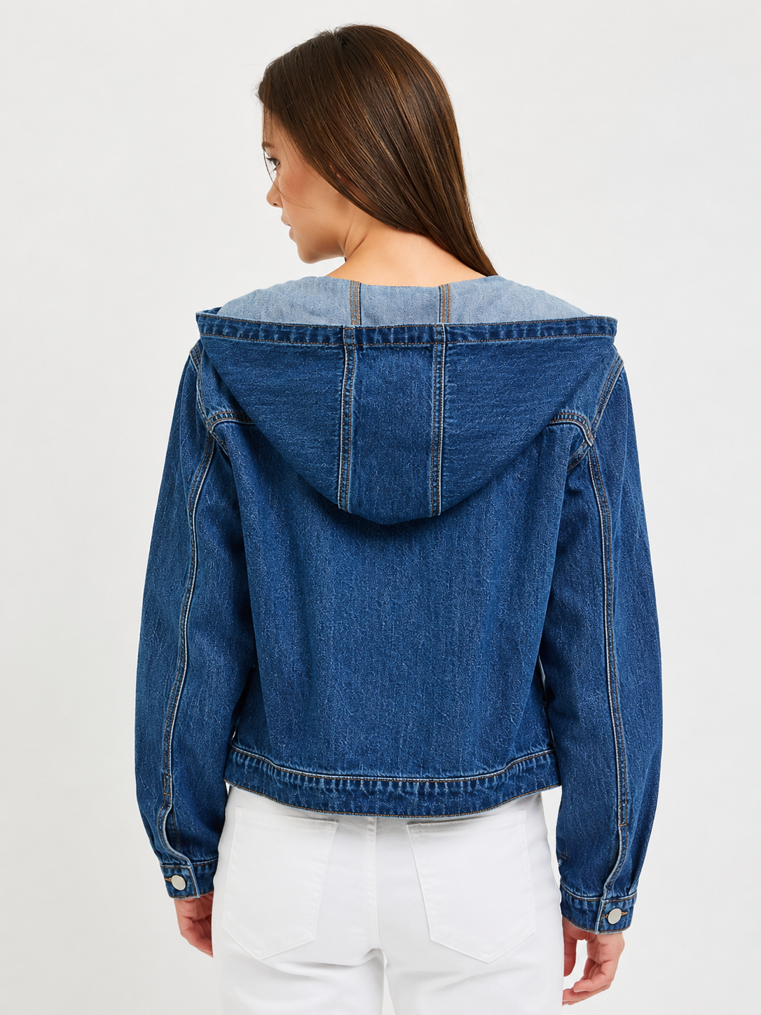 Back view showing hood detail on a denim jacket